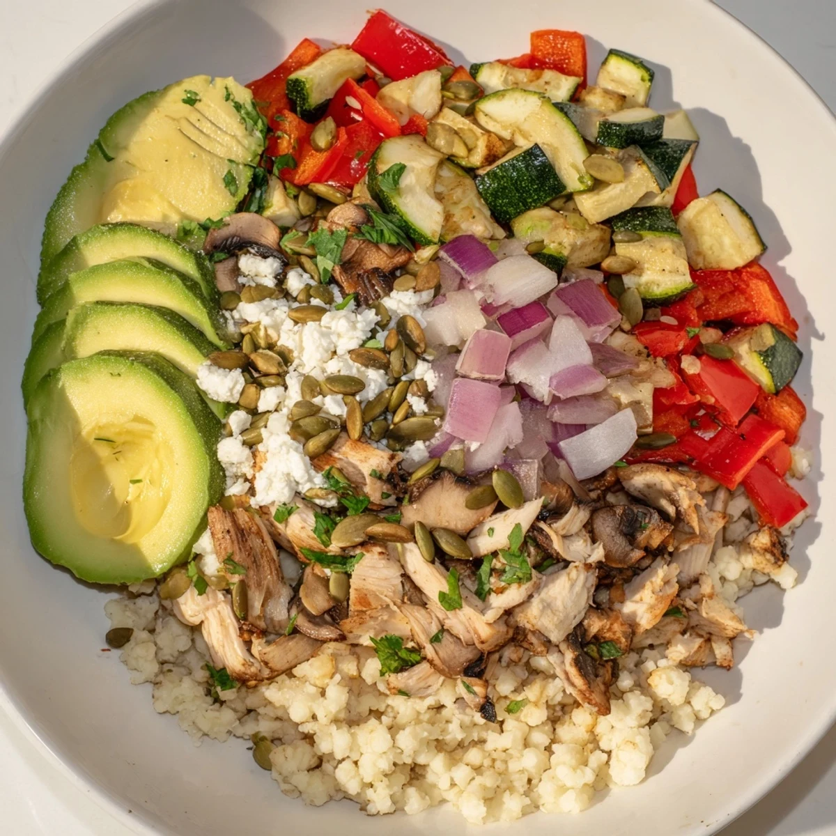 Imagine enjoying this warm Fireside Low Carb Grain Bowl, a delicious, low-carb meal with a savory aroma.