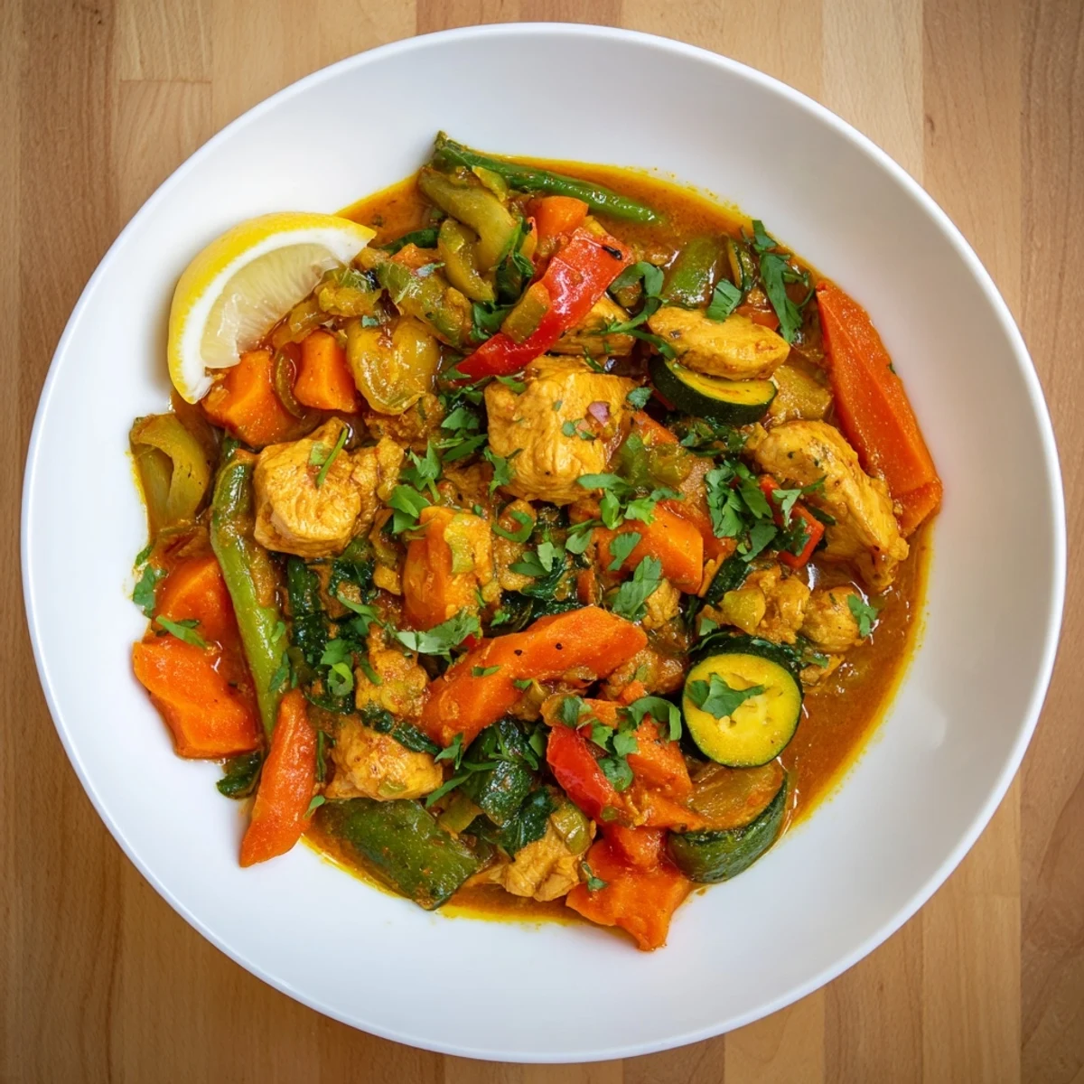 Enjoy the richness of this healthy Fireside Low Fat Curry, garnished with fresh cilantro and lemon.