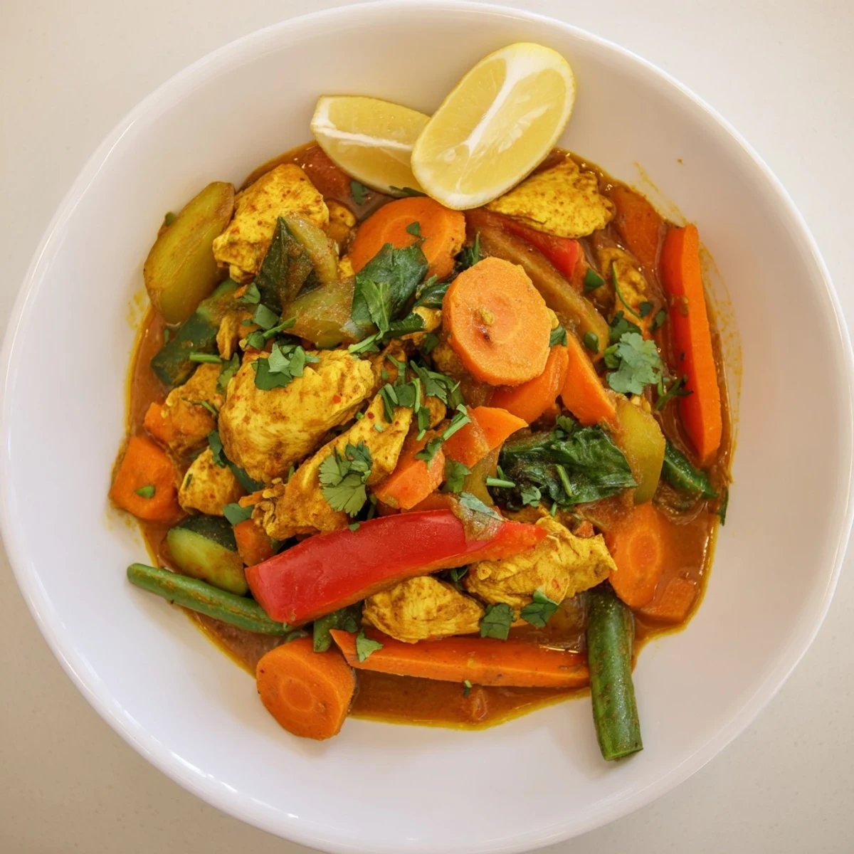 A steaming bowl of Fireside Low Fat Curry, with vibrant vegetables and tender chicken.