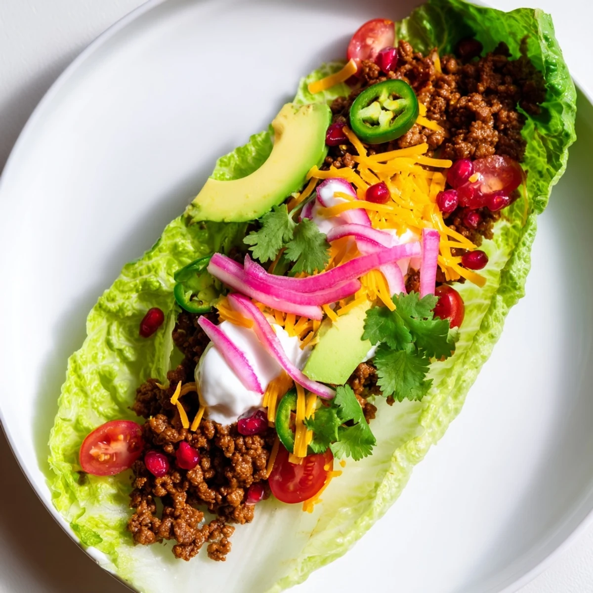 Holiday Market Keto Tacos, brimming with spiced beef, fresh toppings, and vibrant colors in crisp lettuce.