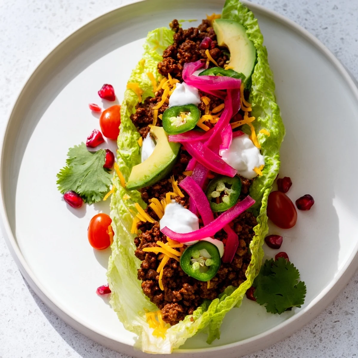 Freshly assembled Holiday Market Keto Tacos. The low-carb tacos feature flavorful beef and colorful, diverse toppings.