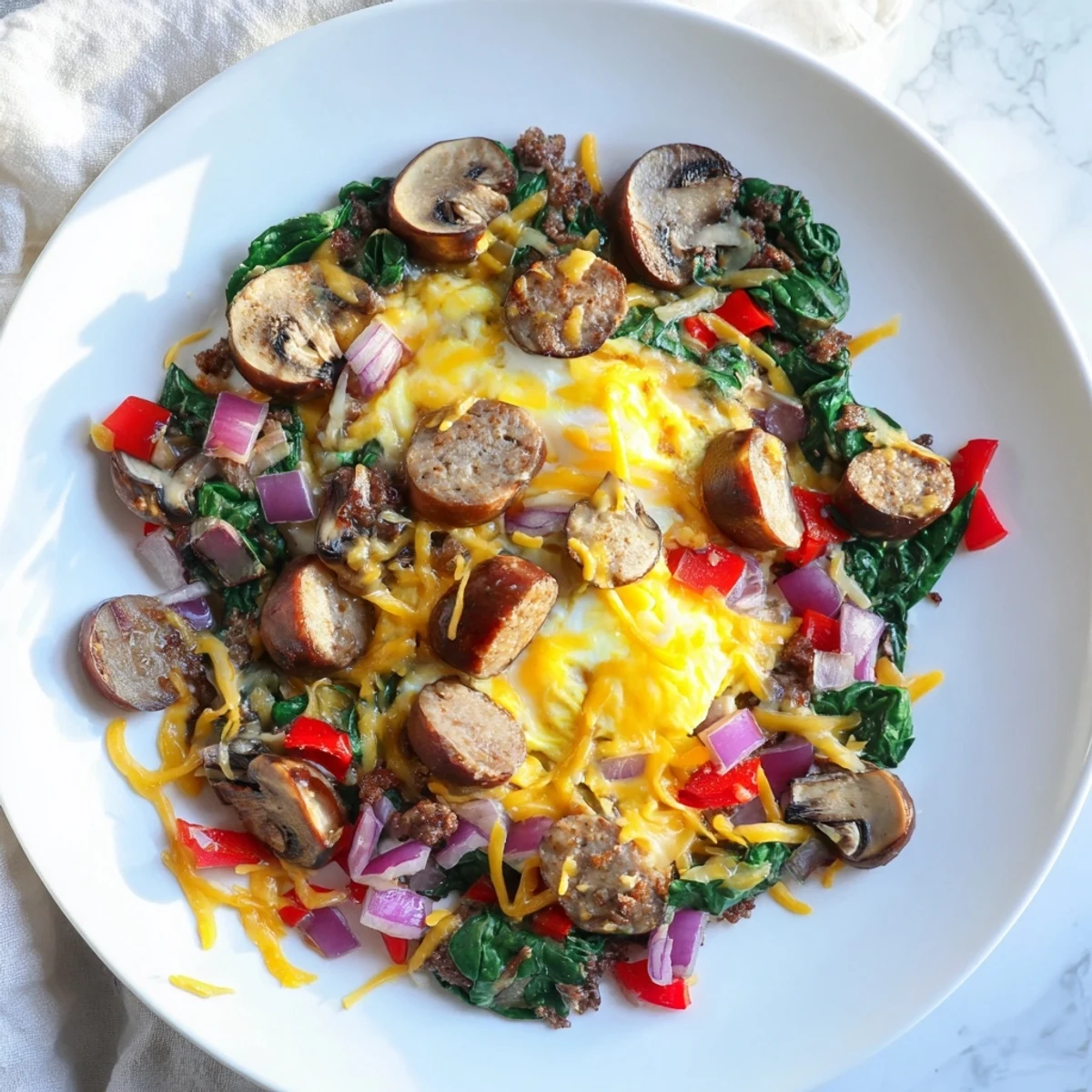 Golden and bubbly Frosty Morning Keto Skillet featuring eggs, cheese, and vibrant vegetables, ready to eat.