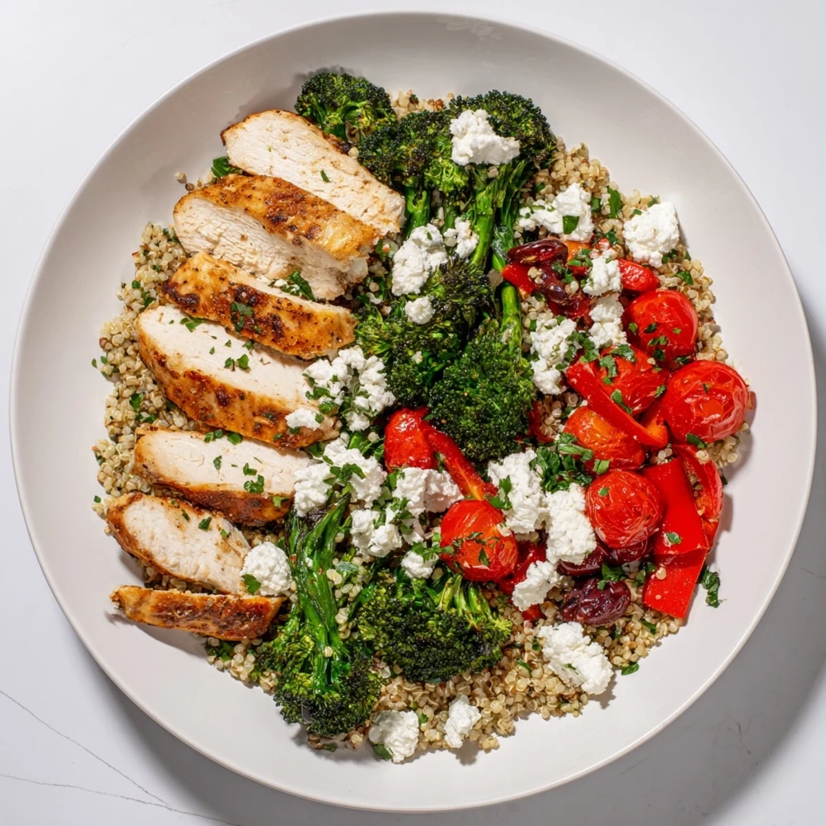 Roasted vegetables and juicy chicken atop a Crisp Air Chicken and Quinoa Power Bowl, ready to eat.