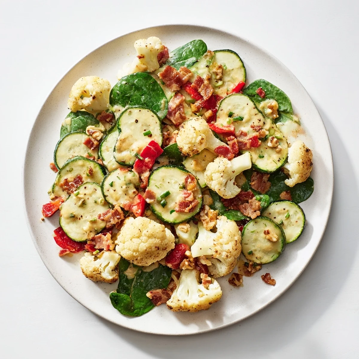 Imagine a vibrant Warm Hearth Keto Salad, with creamy dressing coating tender vegetables and crunchy bacon bits.