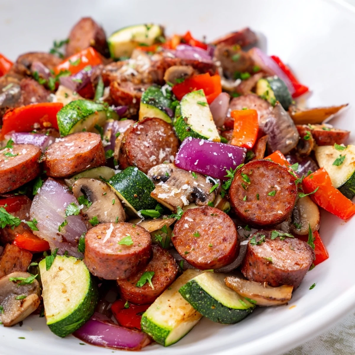 Holiday Market Keto Skillet bubbling in a cast-iron pan, filled with colorful vegetables and sausage.