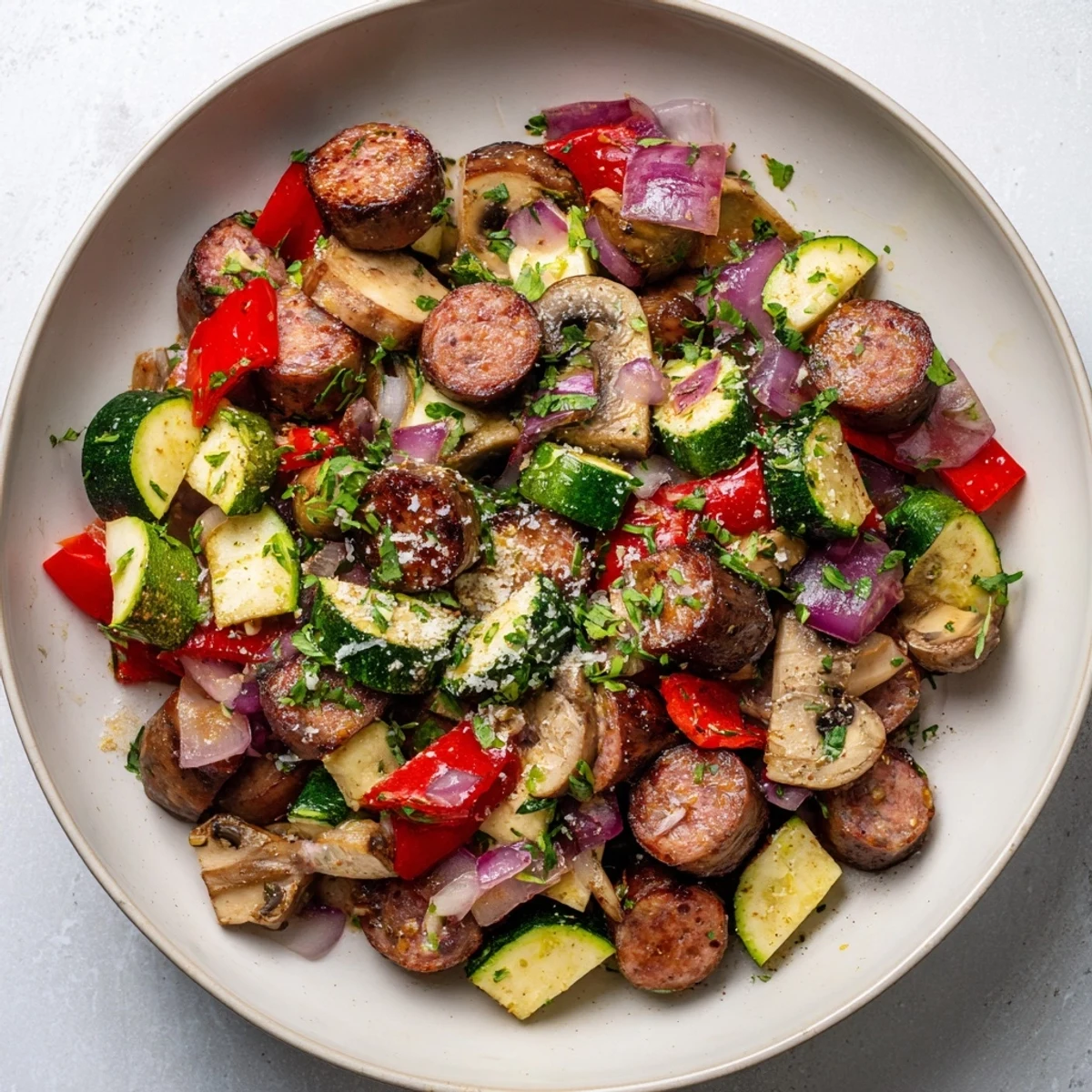 Delicious, fragrant Holiday Market Keto Skillet, ready for serving, garnished with fresh parsley and Parmesan.