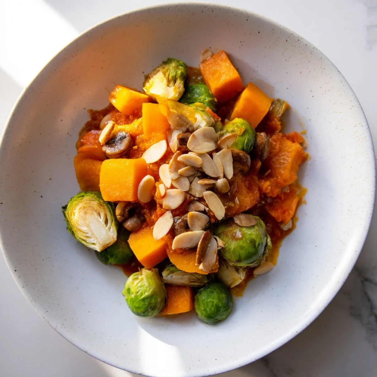 Hearty vegan Winter Harvest Casserole with roasted vegetables, a creamy sauce, and a breadcrumb topping.