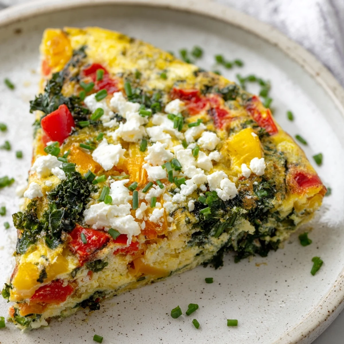 A fluffy Winter Garden Low Carb Frittata, filled with colorful roasted vegetables and creamy eggs.