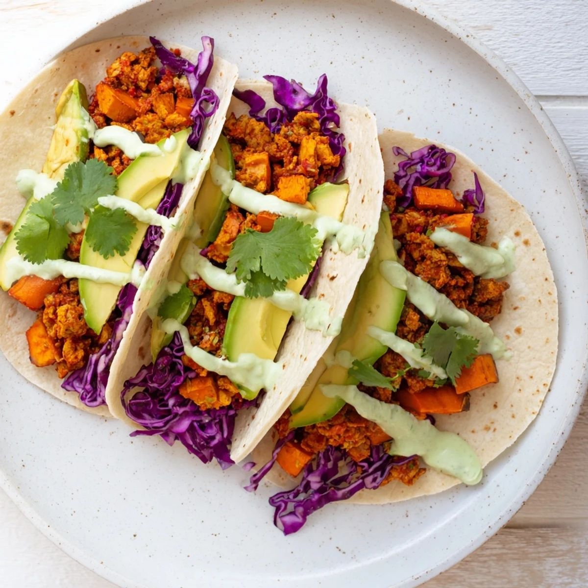 Golden-brown Winter Wellness Low Fat Tacos, served with fresh cilantro and a lime wedge.