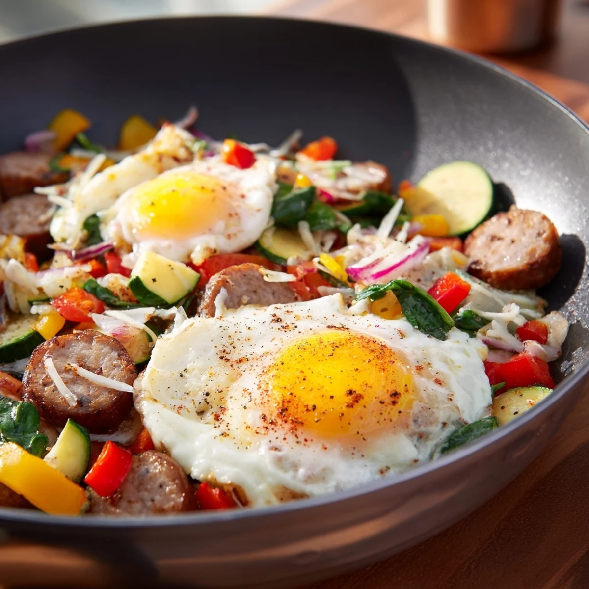 Smoky Frosty Morning Low Carb Skillet with melted cheese and perfectly cooked, sunny-side-up eggs.