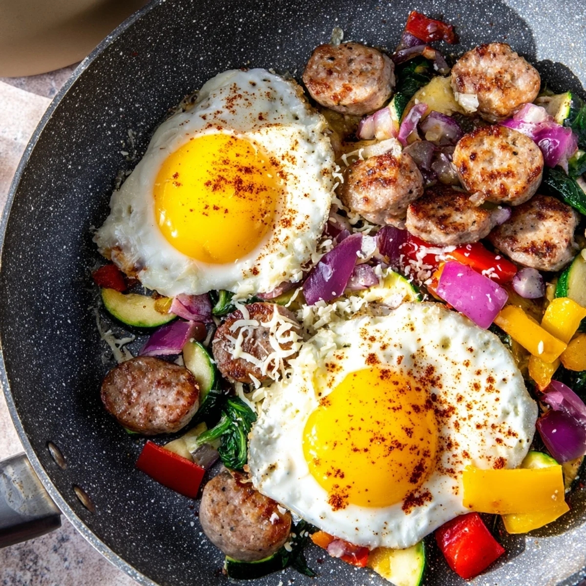 Savory, low-carb Frosty Morning Skillet breakfast featuring fresh spinach, eggs, and golden cooked vegetables, ready to serve.