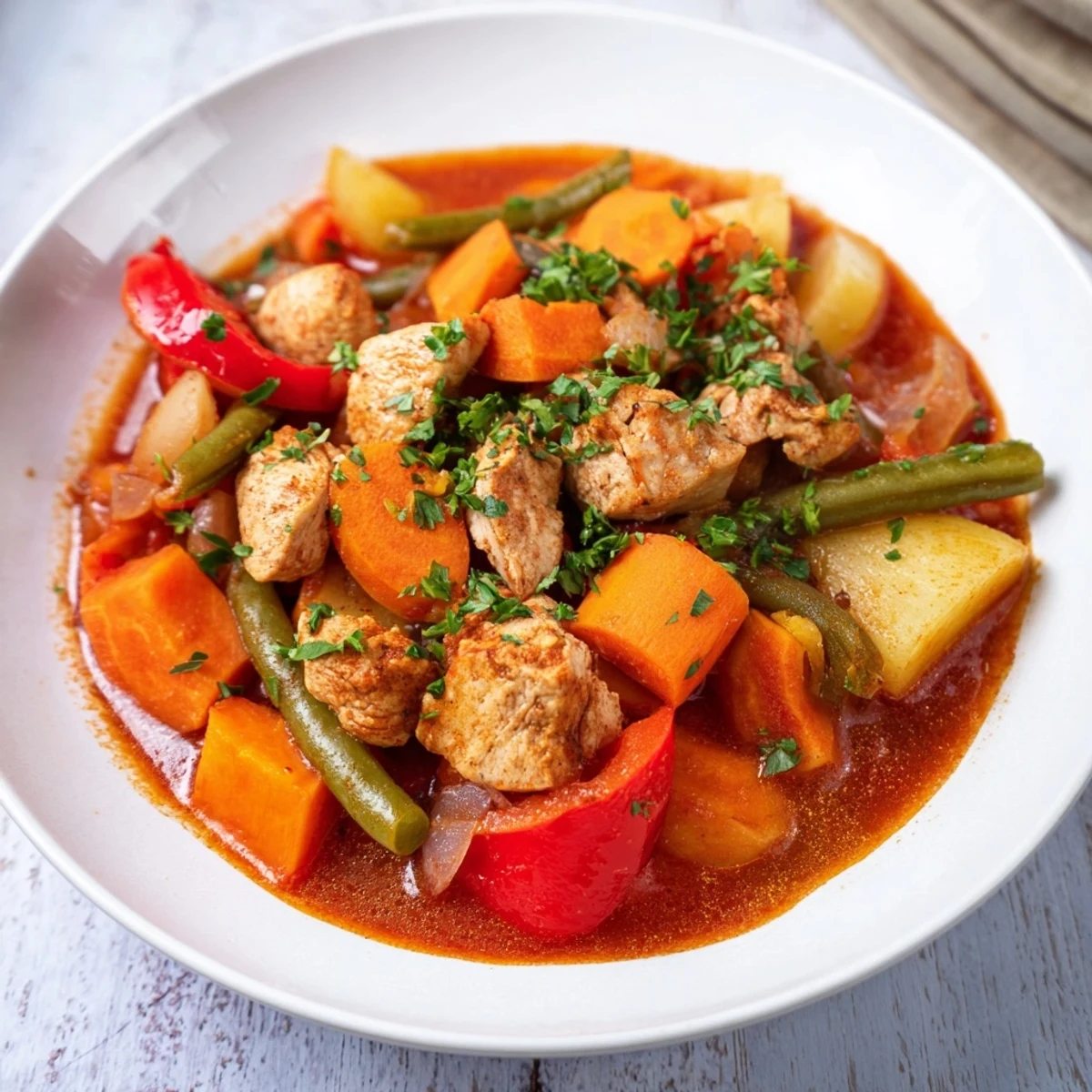 Steaming bowl of Holiday Market Low Fat Stew, vibrant with colorful vegetables and tender chicken.
