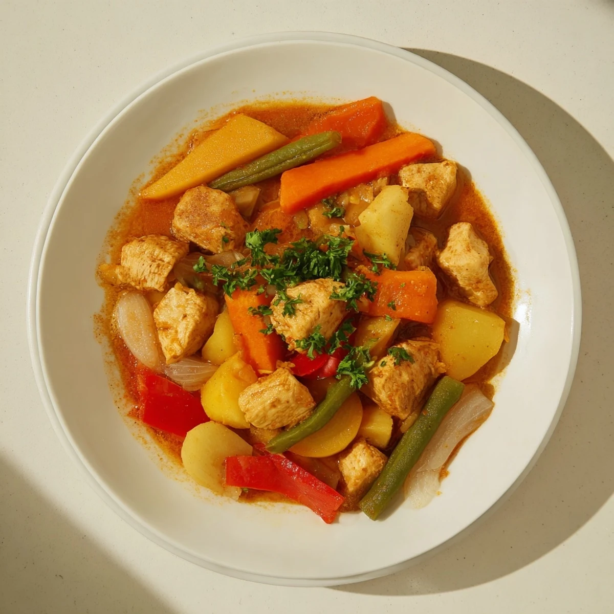 Fragrant and hearty Holiday Market Low Fat Stew, ready to serve with fresh parsley and lemon.