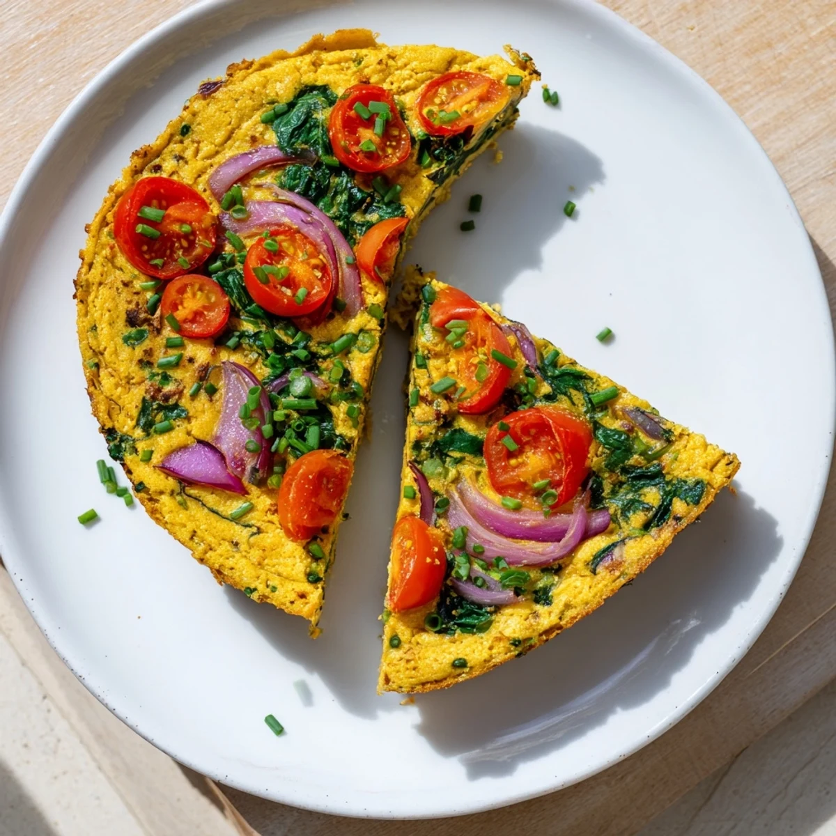 A close-up of a perfectly cooked Crisp Air Vegan Frittata, smelling of fresh herbs and savory goodness and ready.