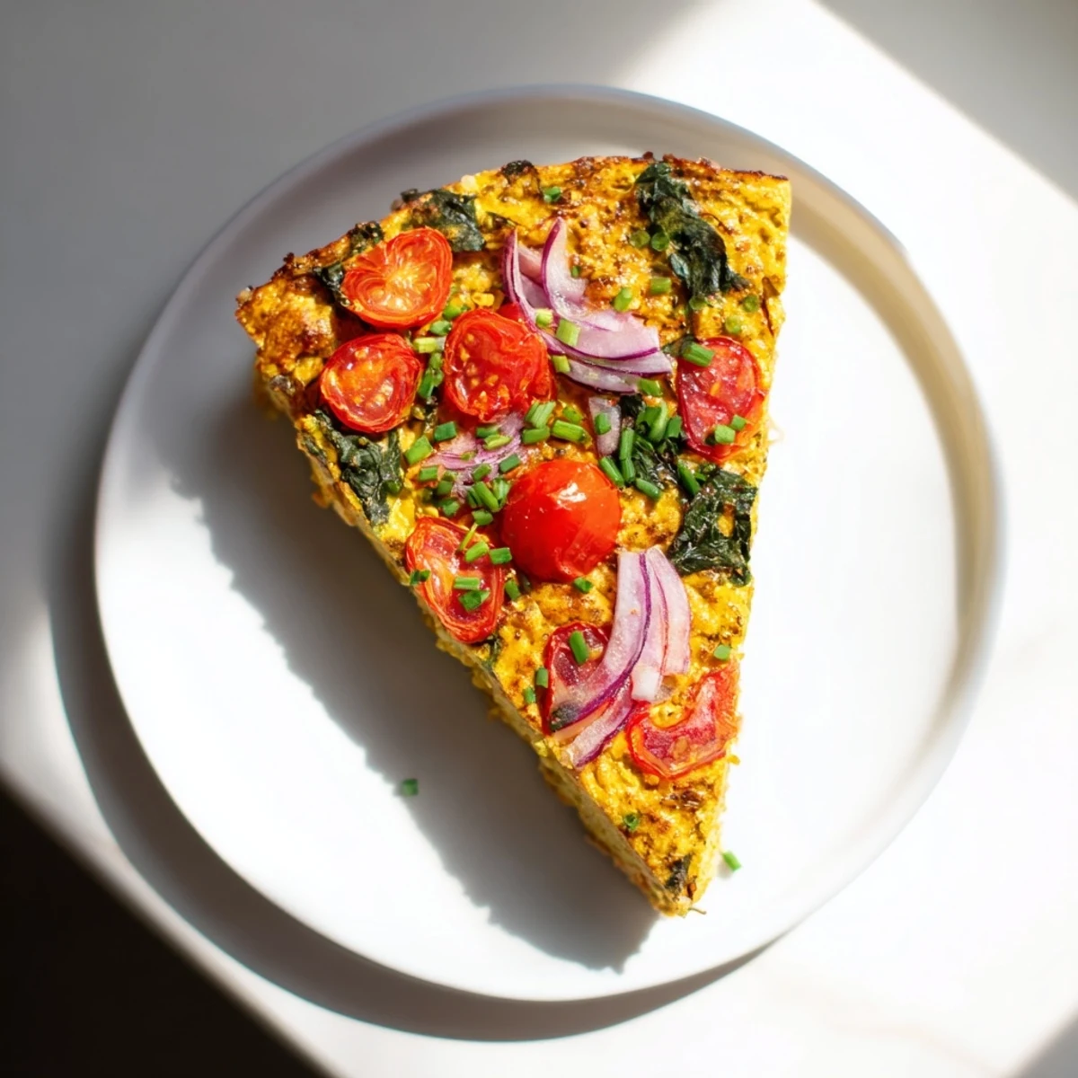 Enjoy a slice of delicious Crisp Air Vegan Frittata, with crispy edges and a soft, veggie-filled interior.
