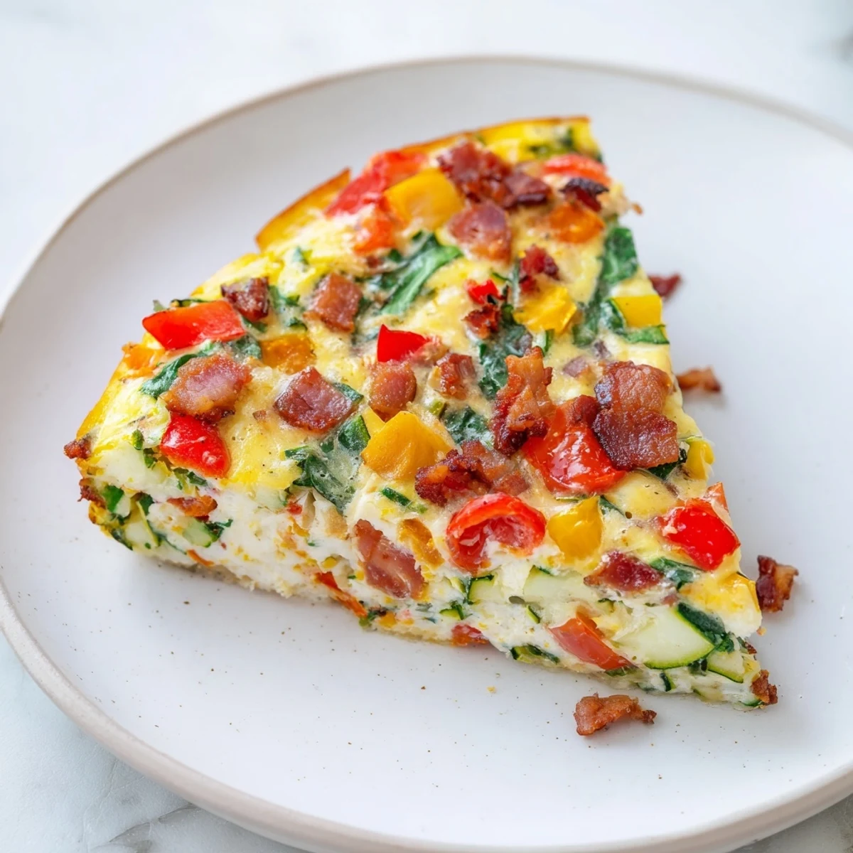 A fluffy Warm Hearth Paleo Frittata with a golden top, filled with spinach, peppers, and tomatoes.