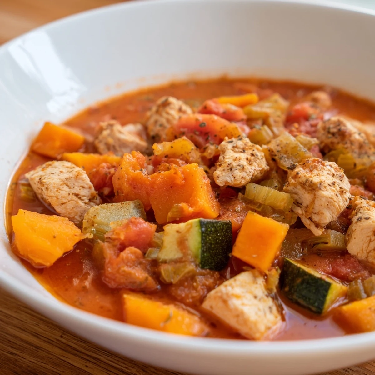 Vibrant Seasonal Glow High Protein Stew simmering with colorful veggies and hearty chunks of chicken, ready to enjoy.
