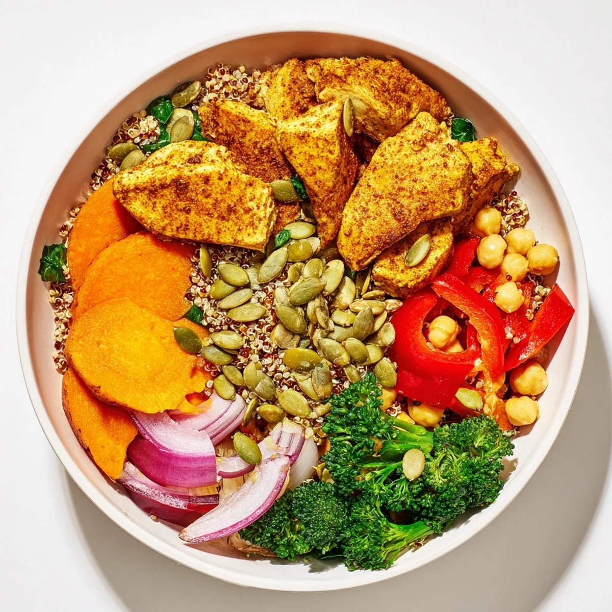 Golden-brown chicken and vegetables fill the Winter Wellness High Protein Bowl, topped with parsley.