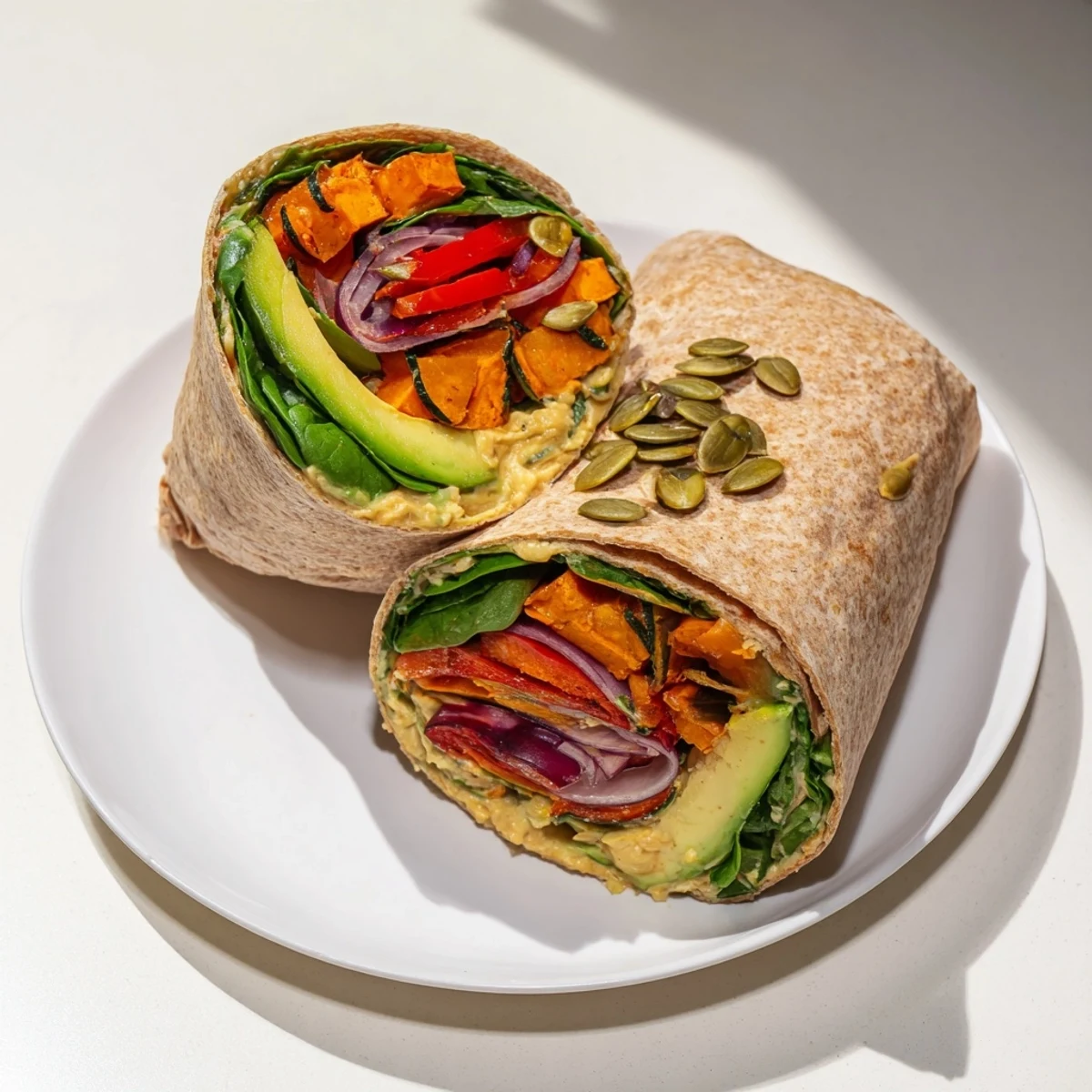 Cozy Evening Vegan Wrap with roasted vegetables, creamy hummus, and fresh greens, ready to eat!