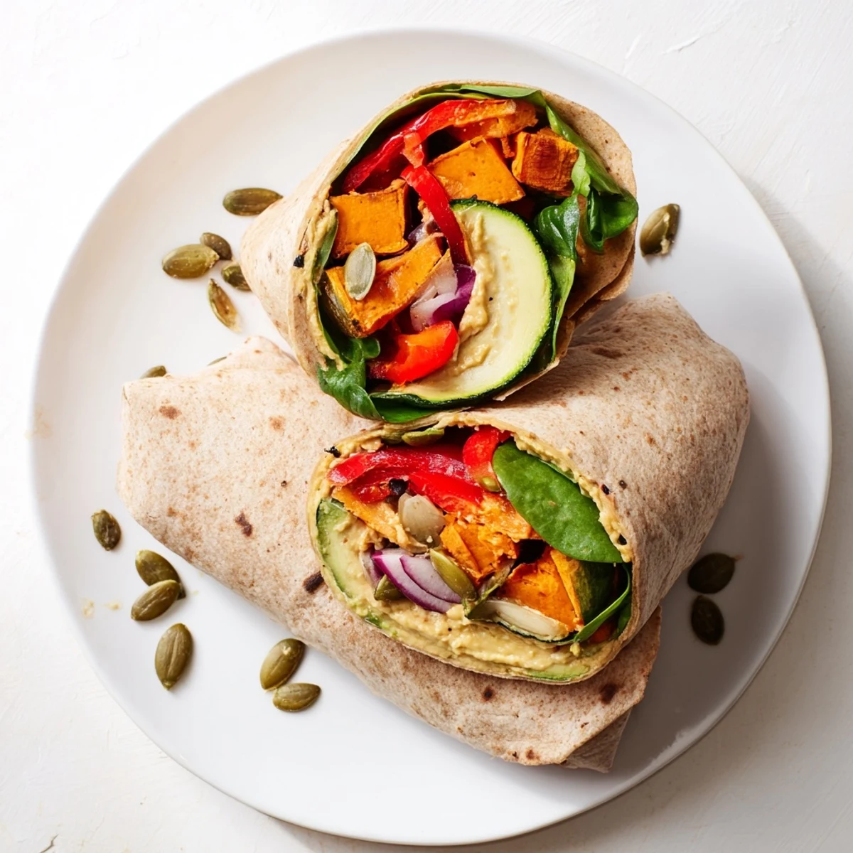 Warm Cozy Evening Vegan Wrap, filled with colorful roasted veggies and a creamy hummus spread.