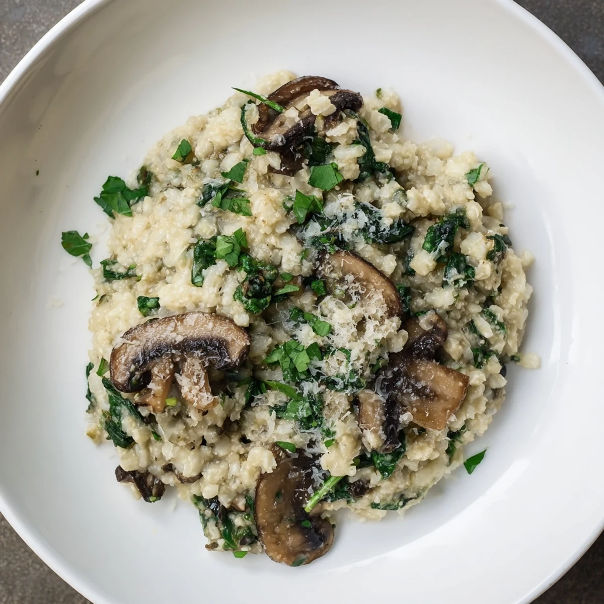 Creamy Cozy Evening Keto Risotto with Parmesan, shown with a sprinkle of fresh parsley on top.