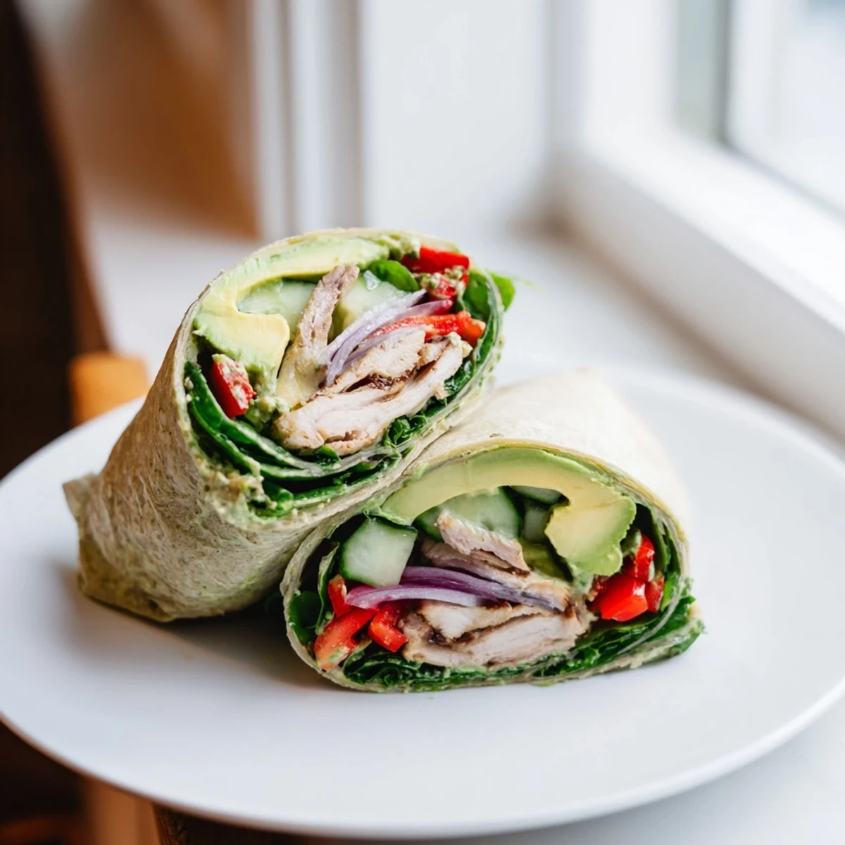 A delicious Solstice Keto Wrap filled with colorful vegetables and juicy grilled chicken, ready to eat.