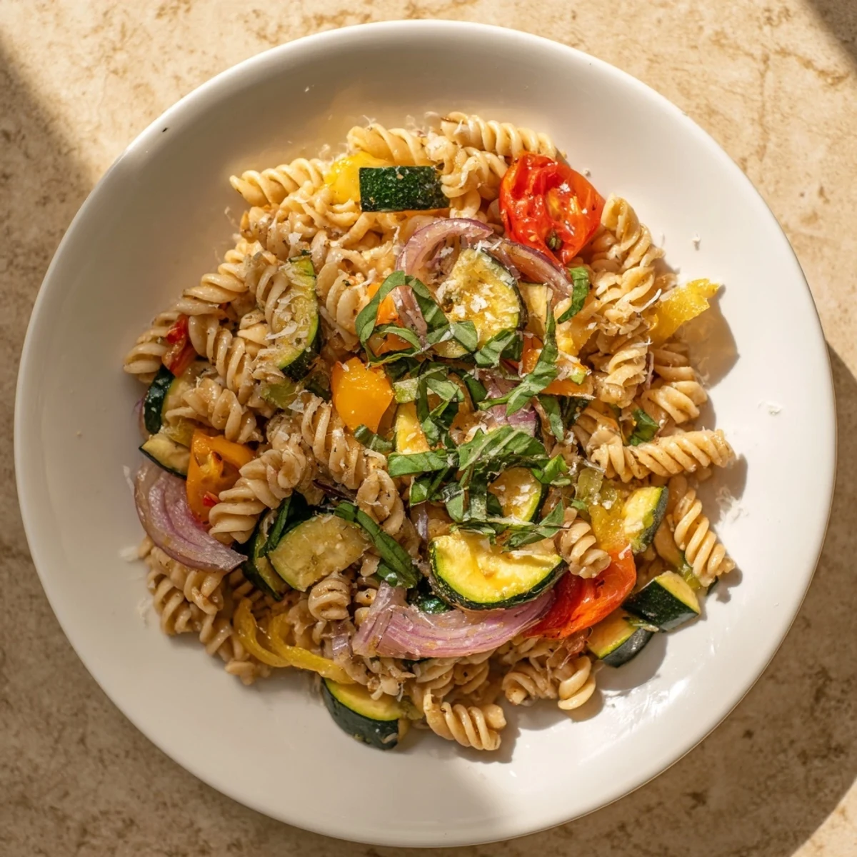 This Holiday Market Low Fat Pasta features vibrant veggies and a light sauce, ready to be enjoyed.