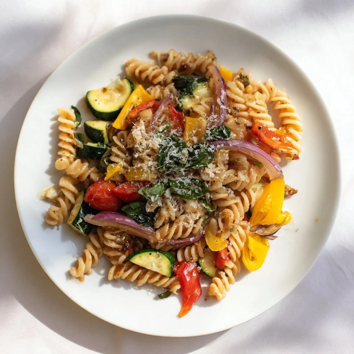 Holiday Market Low Fat Pasta, a colorful Italian-inspired dish with fresh vegetables and zesty lemon.
