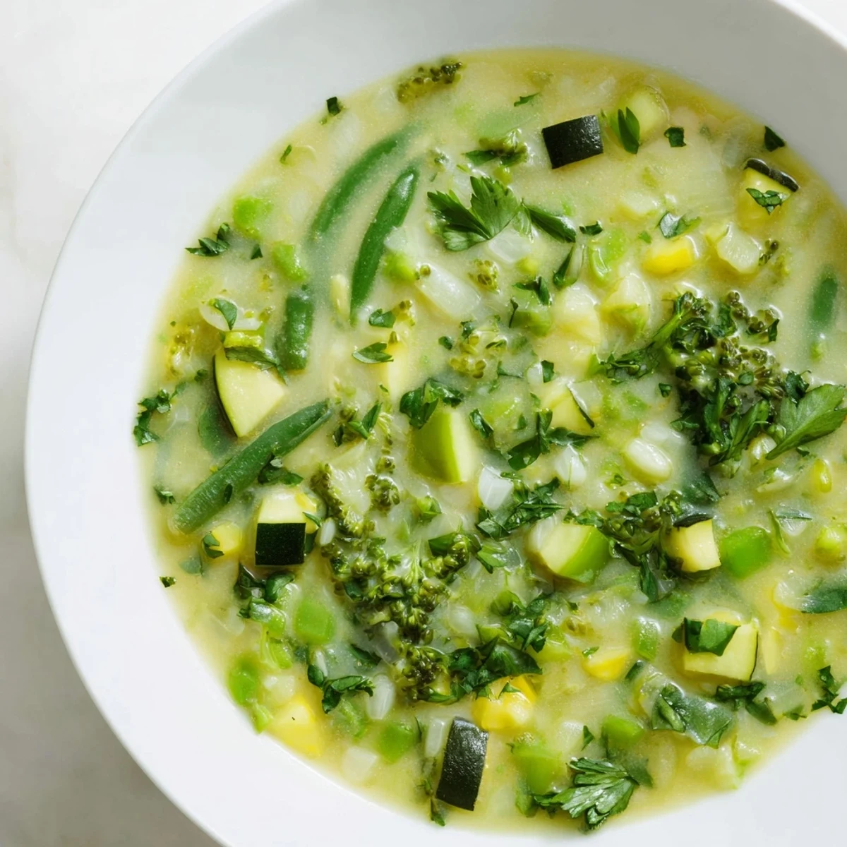 This Evergreen Low Fat Soup showcases a rich, flavorful broth filled with tender green vegetables, ready to enjoy.