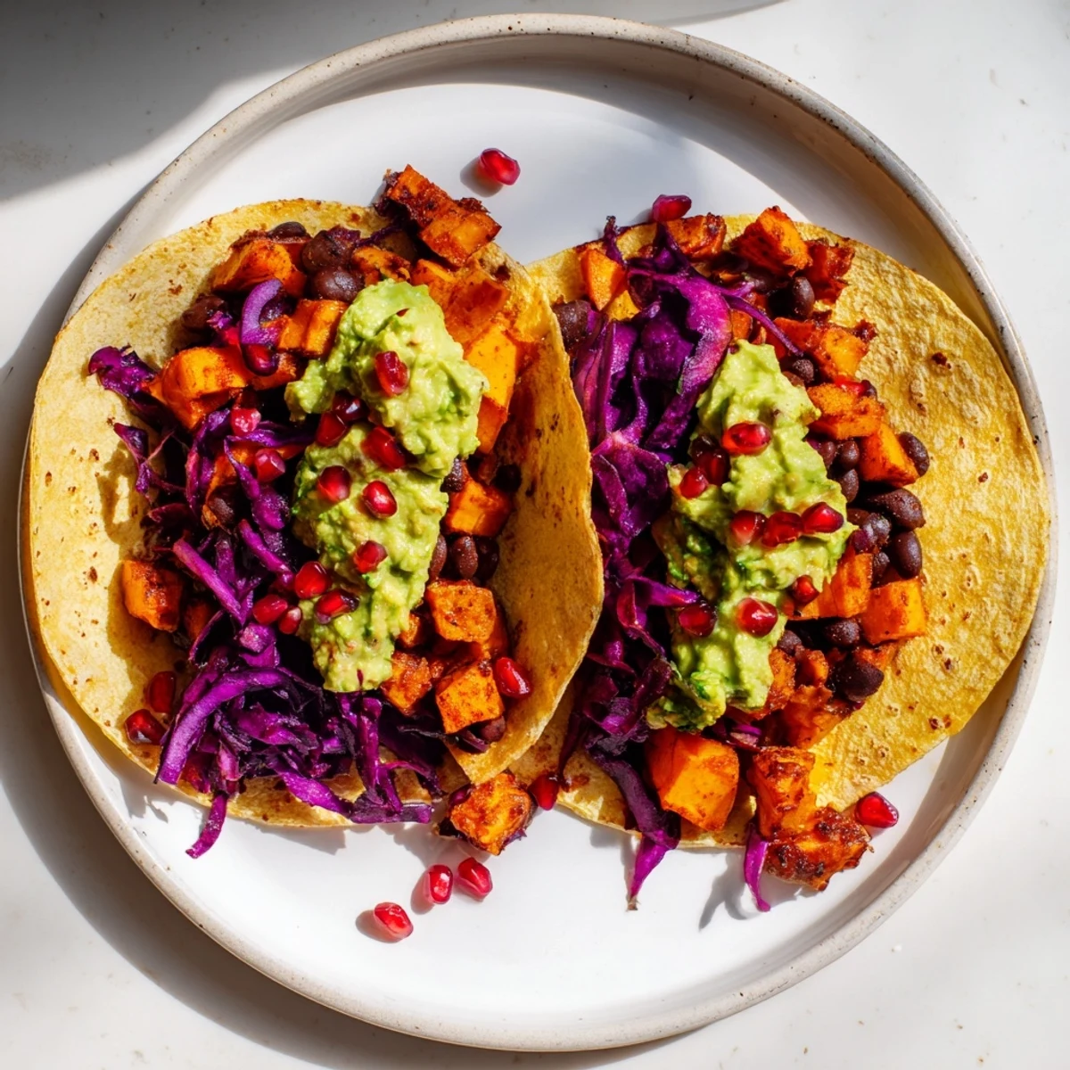 A close-up of delicious Frosty Morning Vegan Tacos, showcasing colorful roasted veggies and spiced black beans nestled in warm tortillas.