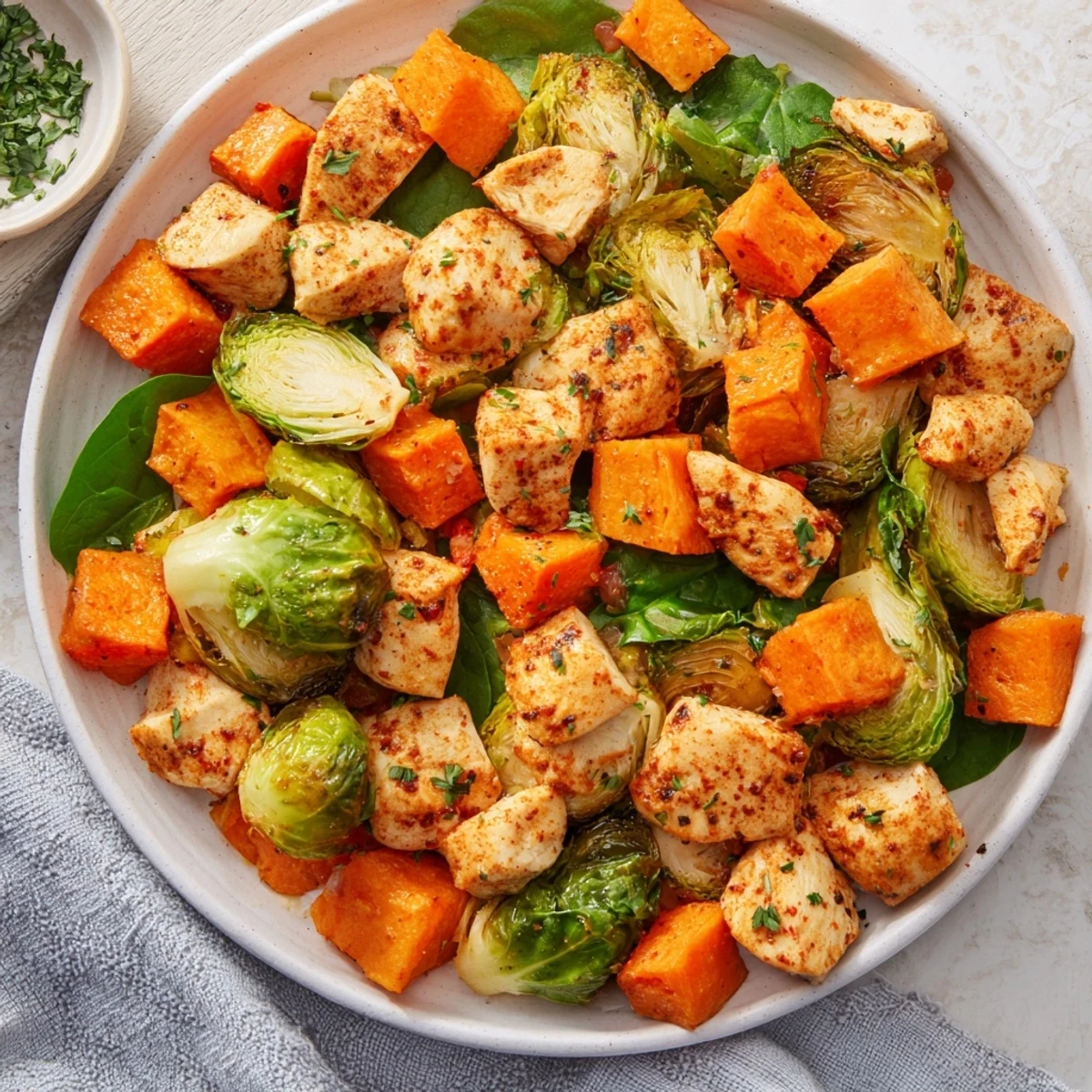 Vibrant Winter Garden High Protein Skillet with chicken, sweet potatoes, and Brussels sprouts, ready to serve.