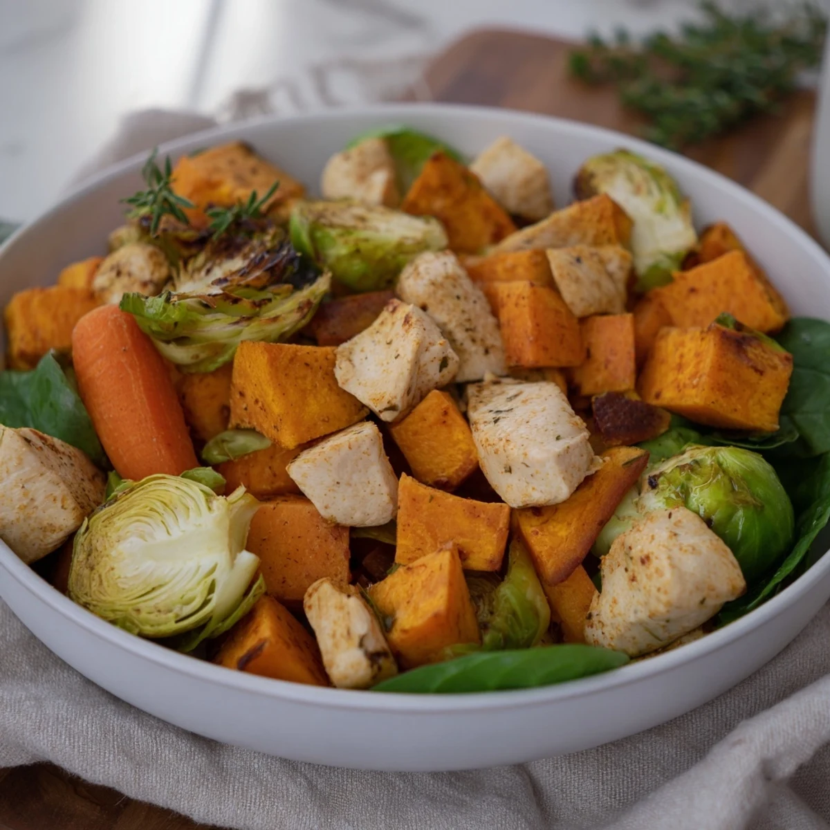 A steaming skillet of Winter Garden High Protein Skillet, showcasing colorful vegetables and tender chicken or tofu.