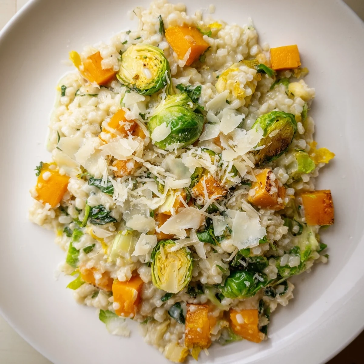 Winter Harvest Low Carb Risotto with tender butternut squash and vibrant green Brussels sprouts.