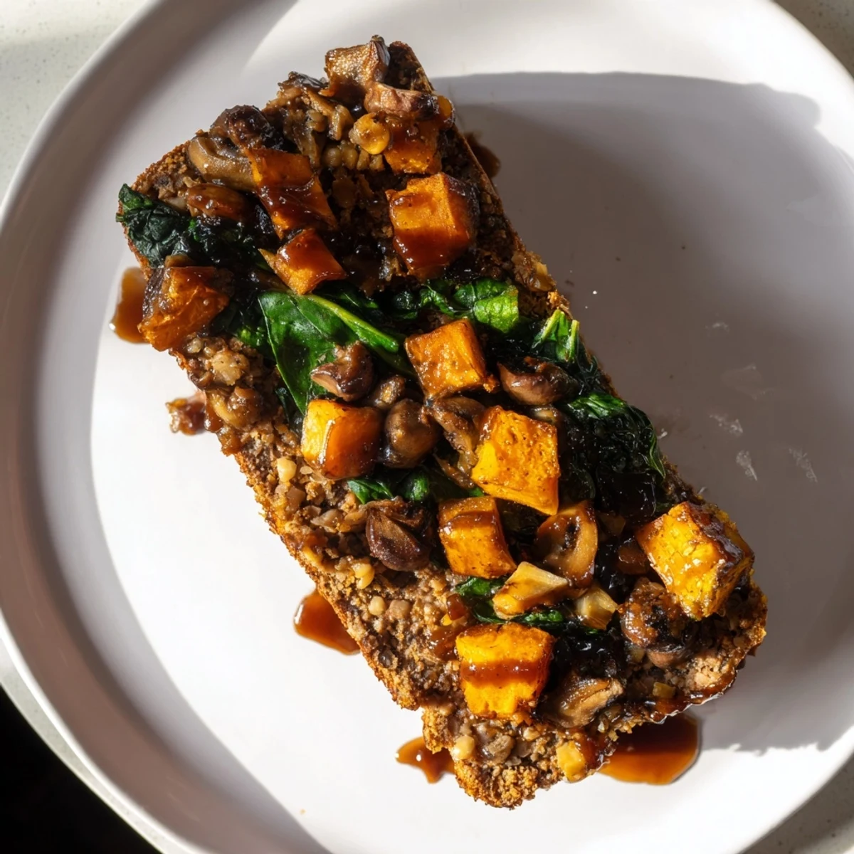 A plated Winter Garden Vegan Roast, showcasing vibrant roasted vegetables and a savory, glazed top.