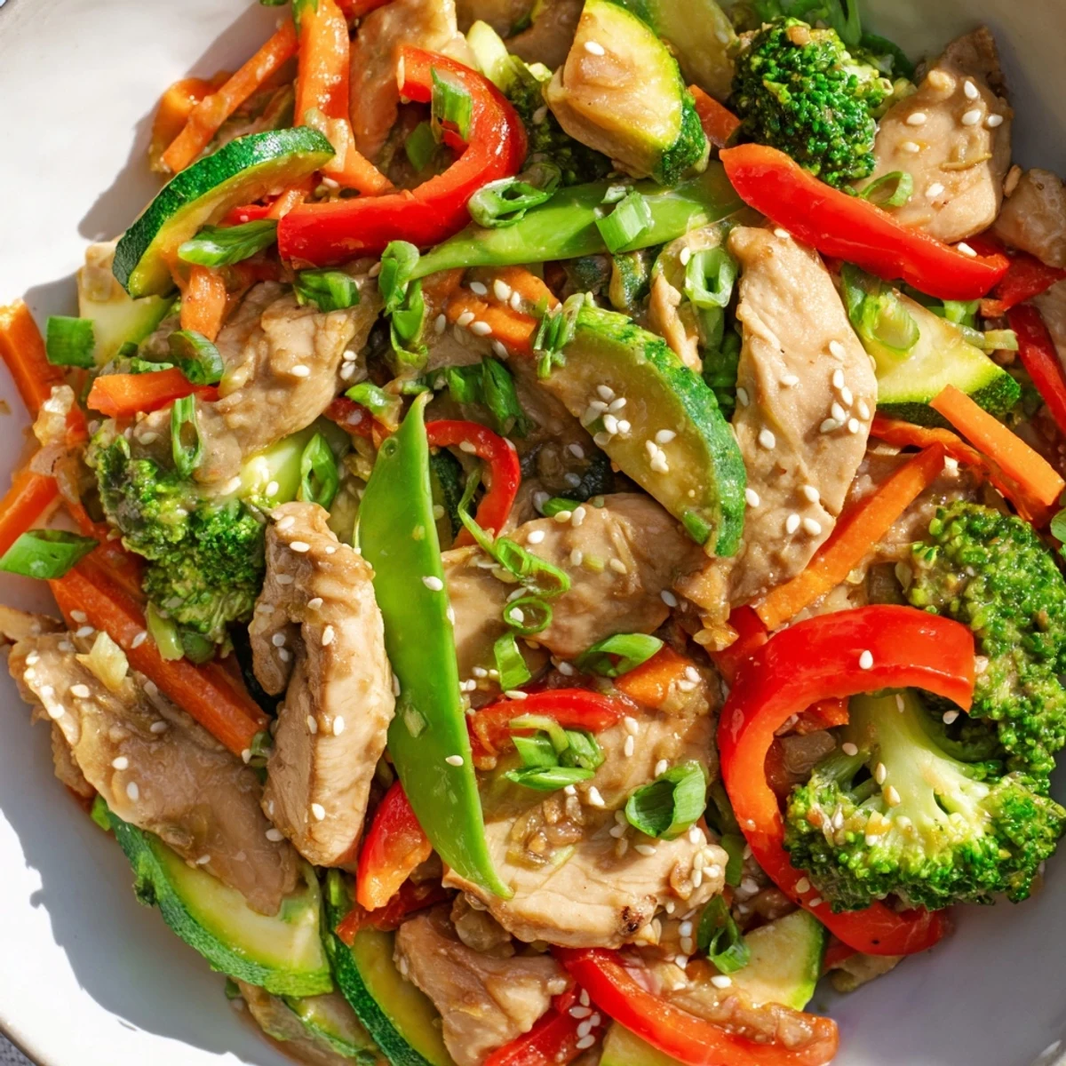Colorful Seasonal Glow Paleo Stir Fry loaded with chicken and crisp vegetables, glistening in sauce.