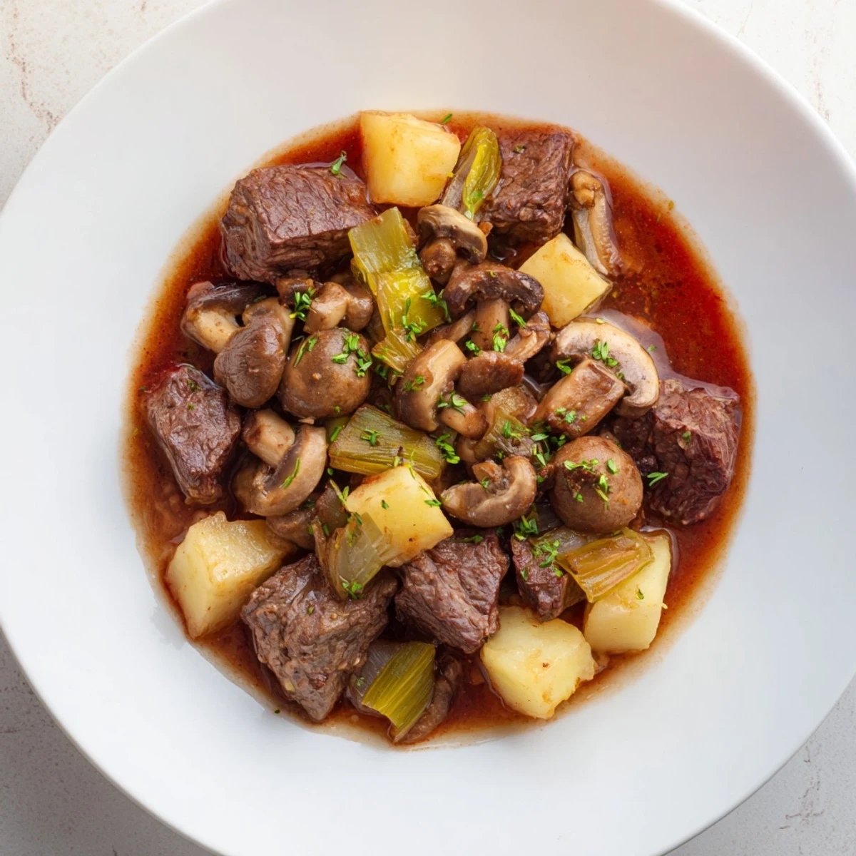 A steaming bowl of Solstice Keto Stew, rich with tender beef and winter vegetables.