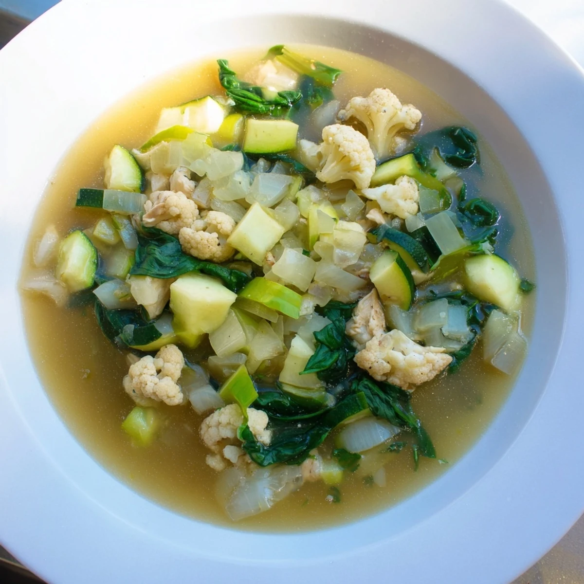 A steaming bowl of Crisp Air Low Carb Soup, featuring tender chicken and vibrant vegetables.