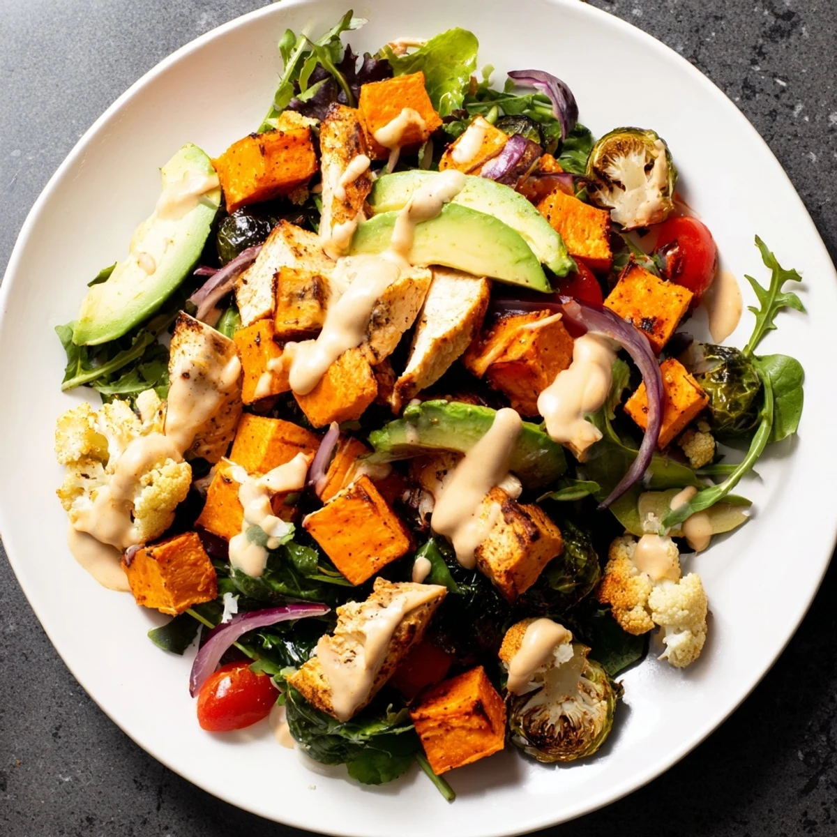 Cozy Evening Paleo Salad beautifully arranged with roasted vegetables and tender grilled chicken.