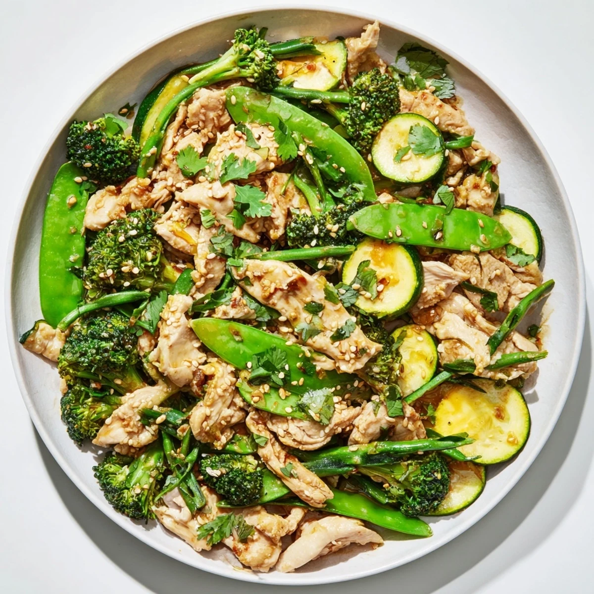 Steaming hot evergreen low carb stir fry, a colorful blend of veggies and chicken glistening, ready to serve.