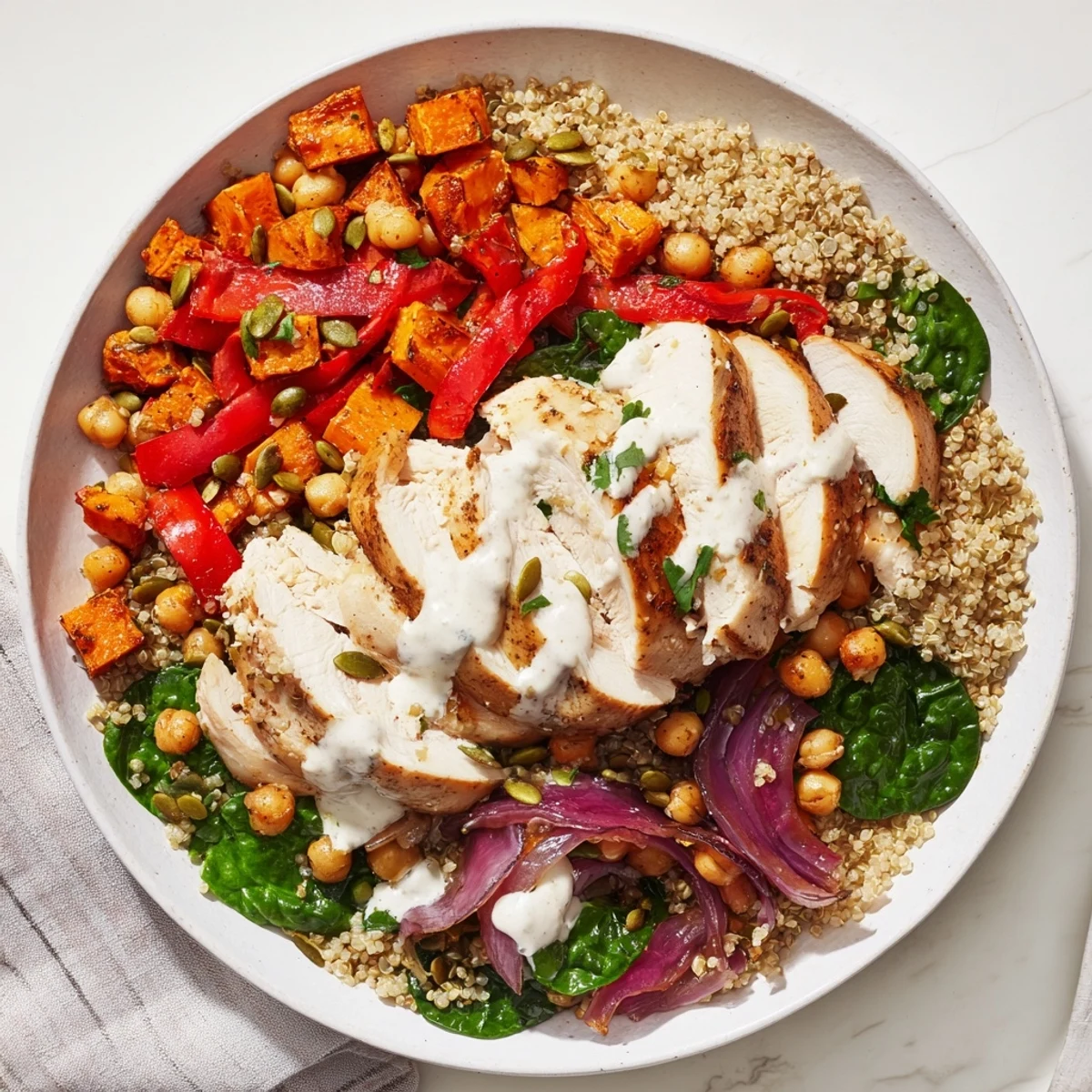 Steaming Fireside High Protein Bowl featuring roasted vegetables, tender chicken, and a creamy tahini sauce.