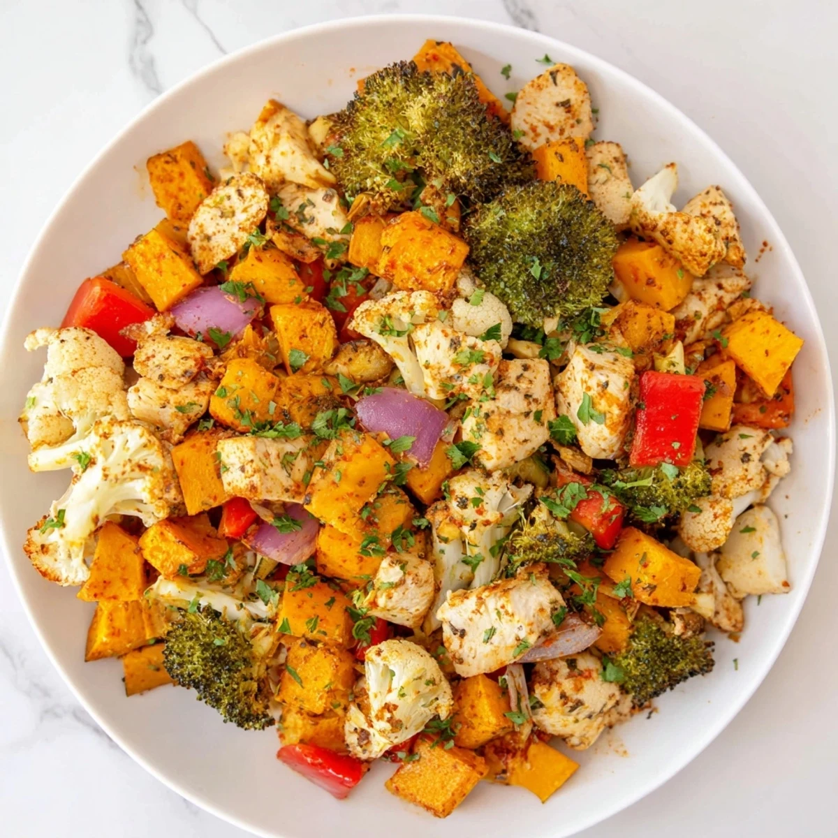 Steaming Seasonal Glow Paleo Casserole, showcasing colorful roasted vegetables and tender chicken, ready to enjoy.