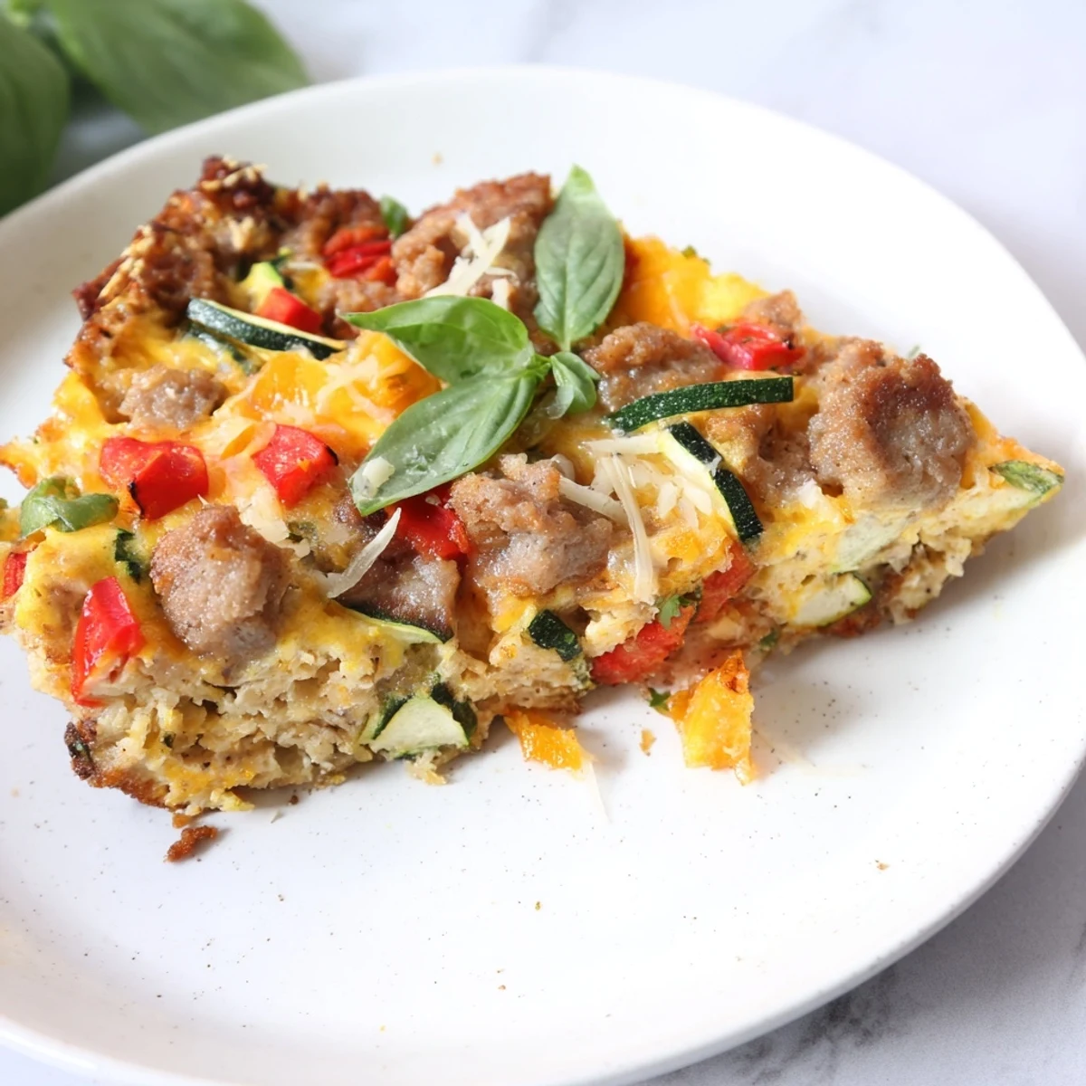 Sizzling New Year Keto Frittata with browned sausage, vibrant veggies, and bubbly cheese, ready to serve.