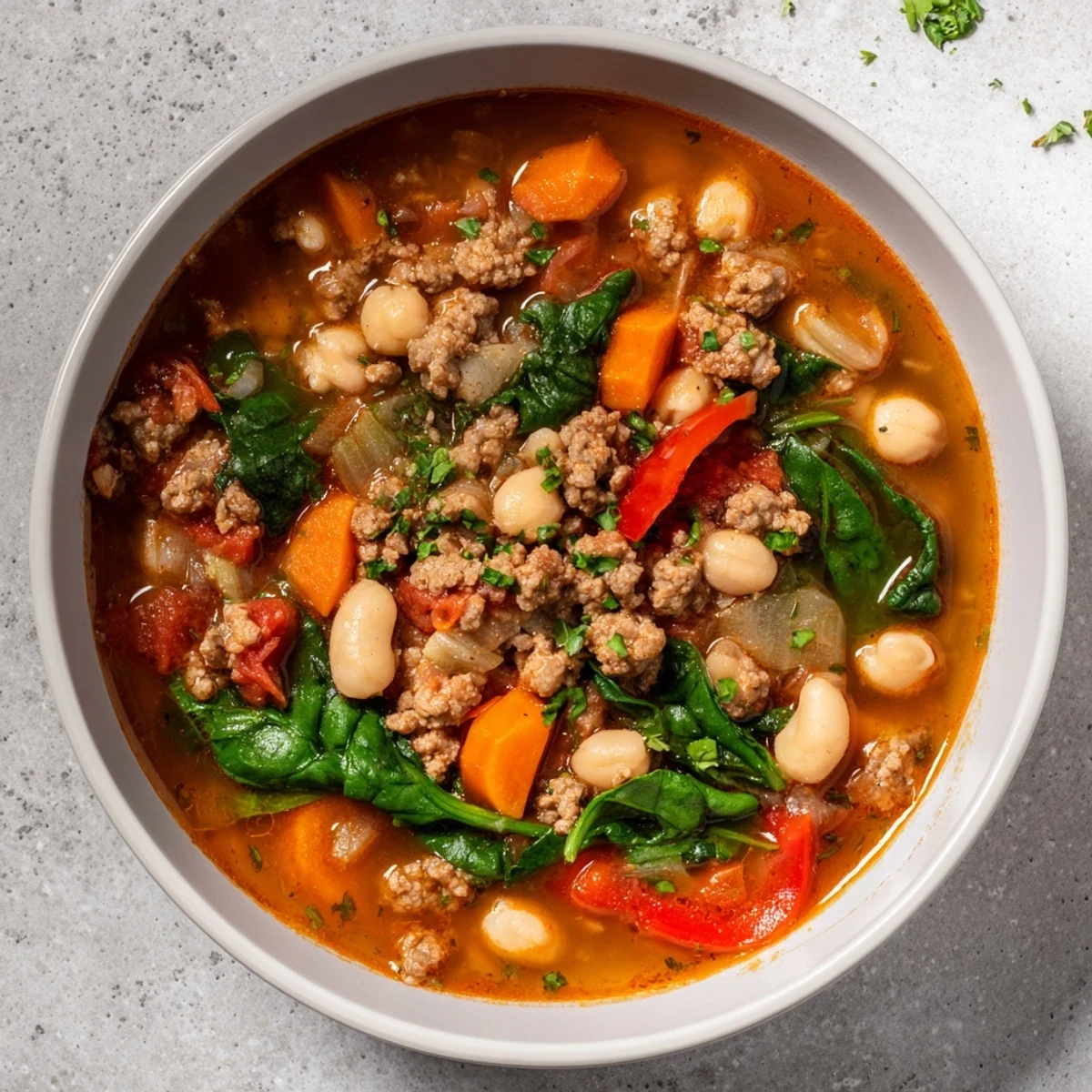 A close-up of a richly flavored Holiday Market High Protein Soup, ready to warm you up.