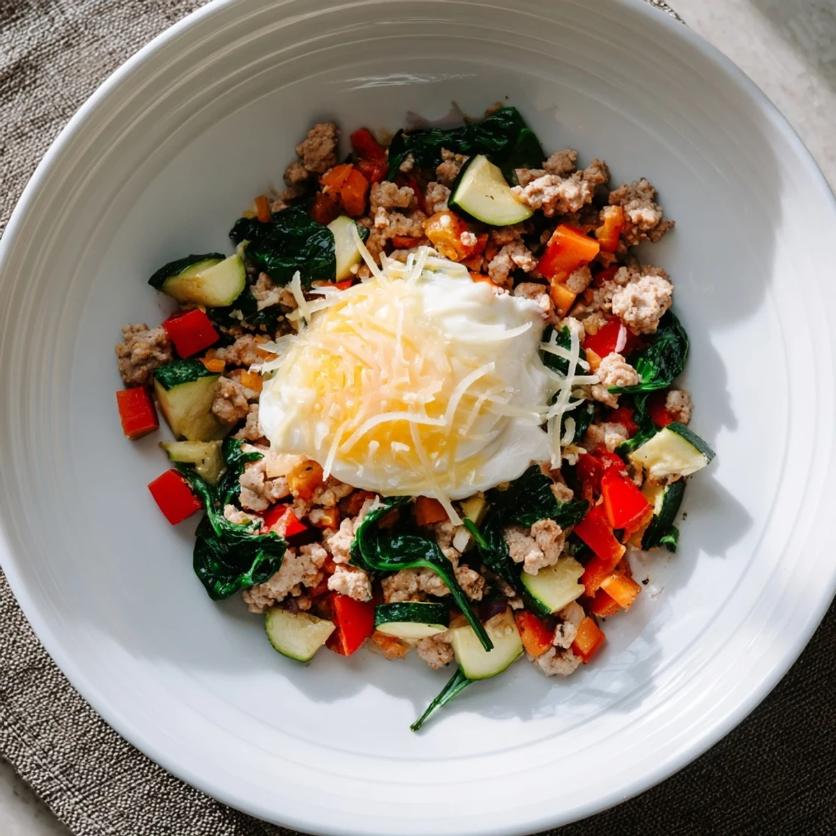 Golden-brown Frosty Morning High Protein Skillet, a one-pan breakfast with tender eggs and vegetables.