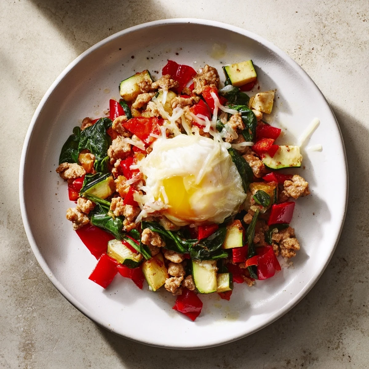 Savory ground turkey and vibrant veggies star in this healthy Frosty Morning High Protein Skillet recipe.