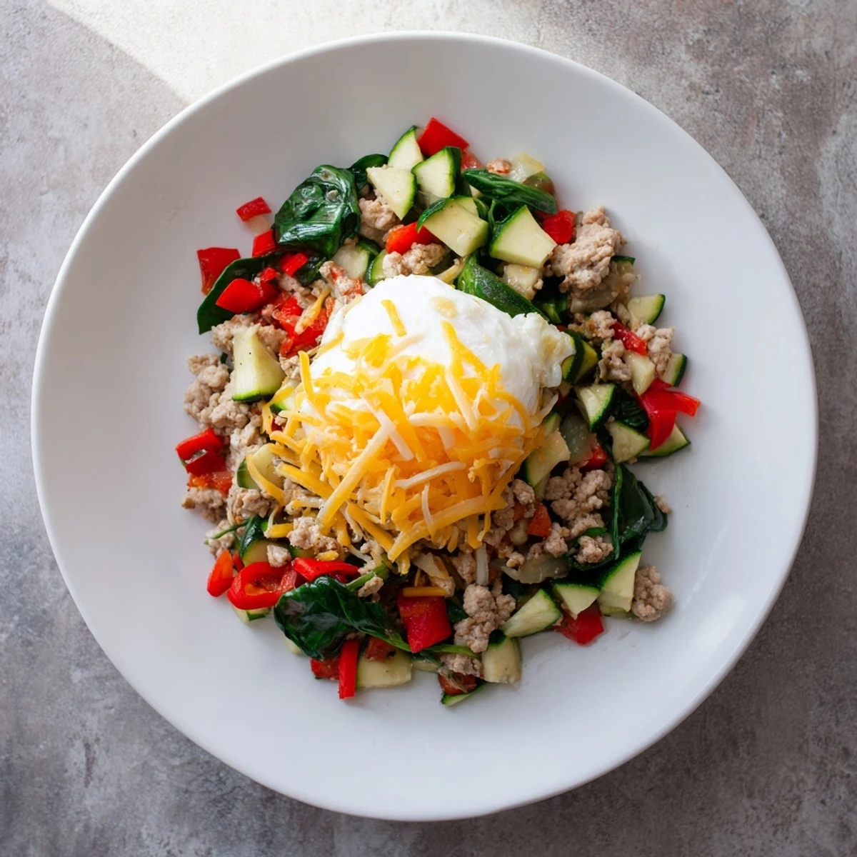 Enjoy a steaming plate of the flavorful Frosty Morning High Protein Skillet, perfect for a protein-packed breakfast.