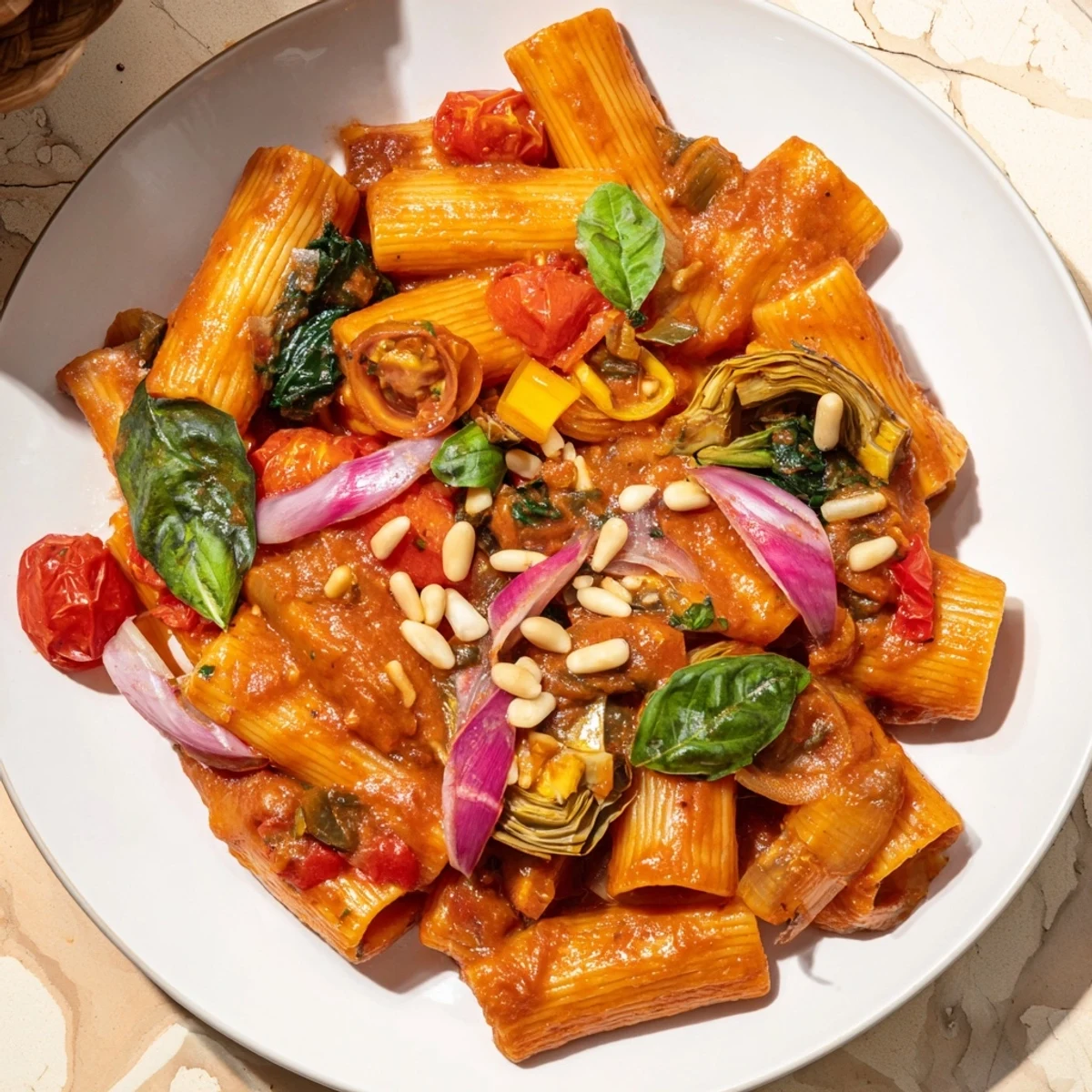 Holiday Market Vegan Pasta, a colorful explosion of vegetables, ready to serve in a large bowl.