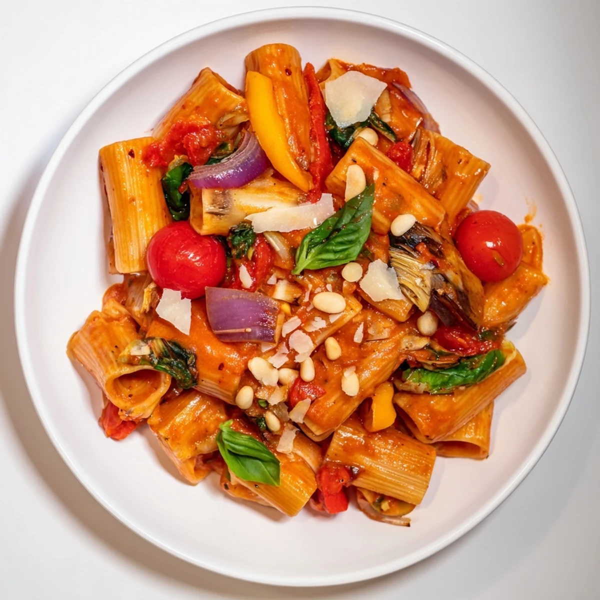 Enjoy a heartwarming plate of Holiday Market Vegan Pasta, with vibrant red bell peppers and cherry tomatoes.