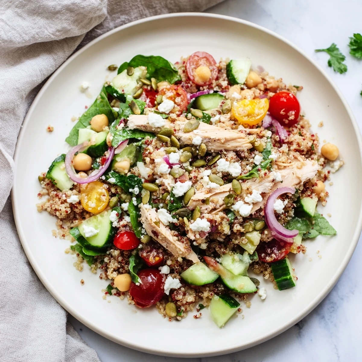 Fresh, colorful New Year High Protein Salad, showcasing vibrant vegetables and a bright, zesty dressing.