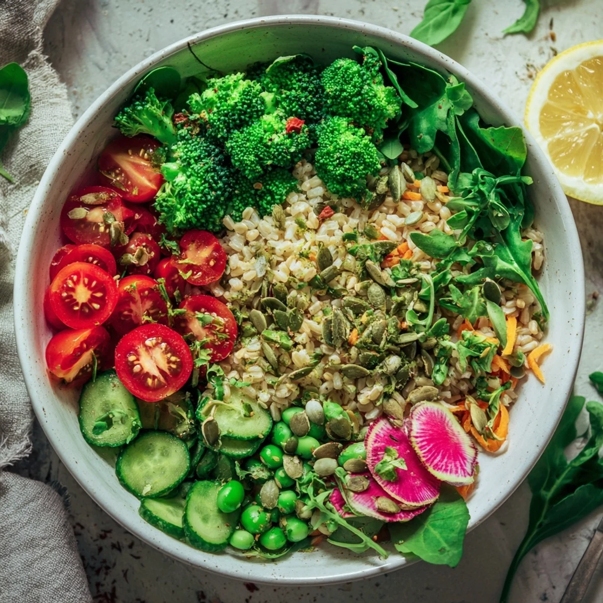 Vibrant Evergreen Low Fat Grain Bowl with colorful vegetables, perfect for a light, healthy lunch.